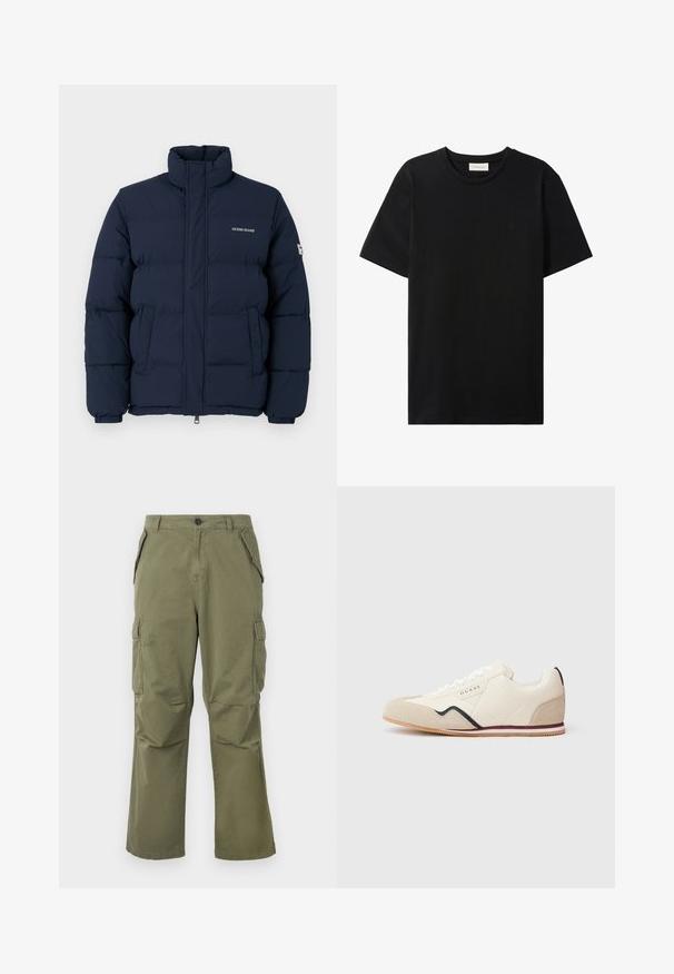 Marineblå dunjakke med høj krave, lynlåslukning og fremtrædende quiltet mønster; har logo på brystet og elastiske mansjetter.; Sort t-shirt med korte ærmer og rund hals med subtil Calvin Klein Jeans-logo på brystet og en label indeni halsåbningen.; Cargo bukser i oliven grøn, lavet af letvægtsstof, med sidelommer, knaplukning og en afslappet pasform med lige ben.; Hvid lædersneakers med ruskindsdetaljer, med en sort bølget streg langs siden, hvide snørebånd og en beige gummisål.