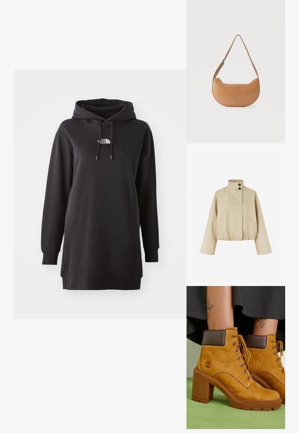 Beige kurze Jacke aus glattem Stoff, mit einem hohen Kragen, zwei schwarzen Knöpfen und seitlichen Taschen mit einem gerafften Saum.; Schwarzes Hoodie-Kleid aus weichem Stoff, mit einer vorderen Kängurutasche, verstellbarem Kordelzug an der Kapuze und einem kleinen Logo auf der Brust.; Hellbeige Wildleder-Stiefeletten mit braunem Kragen, goldenen Ösen und gelben Schnürsenkeln. Robuster brauner Absatz und Logodetail an der Seite.; Hellbraune, aus Leder gefertigte, halbmondförmige Umhängetasche mit verstellbarem Riemen und oberem Reißverschluss, vor einem schlichten Hintergrund platziert.