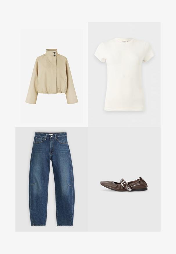 Beige cropped jack van gladde stof, met een hoge kraag, twee zwarte knopen en zijzakken met een gerimpelde zoom.; Eenvoudig wit katoenen T-shirt met korte mouwen en ronde hals, weergegeven op een lichtgrijze achtergrond.; Donkerblauwe denim jeans met een recht afgesneden ontwerp, voorzien van voorzakken, contrasterende stiksels en een subtiele vervaagde textuur op de broekspijpen.; Bruine gepatineerde leren ballerina met een spitse neus, elastische strikdetail en een zilveren gespaccent aan de zijkant. Zwarte rubberen zool.