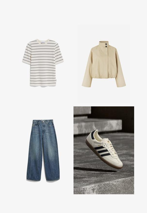 Beige cropped jack van gladde stof, met een hoge kraag, twee zwarte knopen en zijzakken met een gerimpelde zoom.; Gestreepte T-shirt met korte mouwen in crème met donkere marineblauwe horizontale strepen, met een ronde hals en een klein merklabel aan de zijkant.; Blauwe high-waisted jeans met brede pijpen, voor- en achterzakken, riemlussen en een knoop- en ritsluiting.; Witte Adidas Samba sneaker met zwarte strepen en gumzool, zwevend boven gestructureerde grijze betonnen treden.