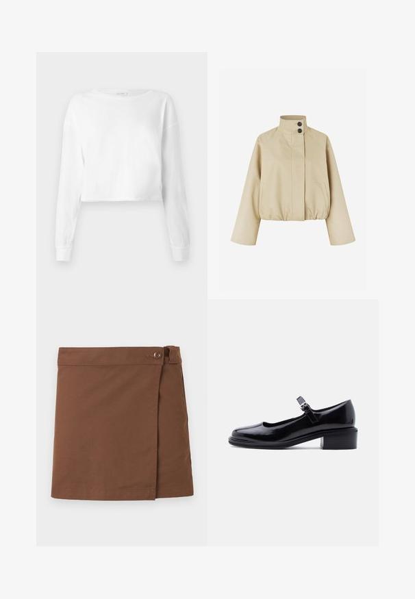 Beige lyhyt takki, joka on tehty sileästä kankaasta. Siinä on korkea kaulus, kaksi mustaa nappia ja sivutaskut, joissa on rypytetty helma.; Langan valkoinen pitkähihainen lyhyt paita, jossa on pyöreä kaula-aukko ja pysyvästi istuvat hihansuut, esillä valkoista taustaa vasten.; Ruskea puuvillainen kietaisuhame, jossa napitus vyötäröllä, suora leikkaus ja siististi ommeltu helma.; Musta kiiltävä Mary Jane -kenkä, jossa on matala lohkokorko ja säädettävä solkisanka, yksinkertaisella vaalealla taustalla.