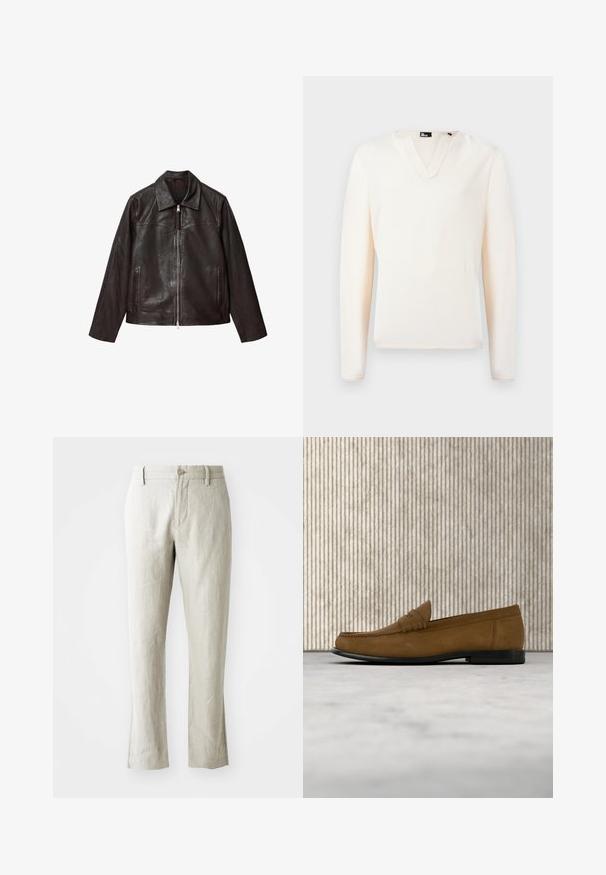 Veste en cuir marron foncé avec fermeture éclair à l'avant, deux poches verticales zippées et un col pointu sur fond blanc.; Pull crème à manches longues avec col en V, petit col et étiquette à l'intérieur de l'encolure sur un fond uni.; Pantalons en lin beige clair à coupe droite, texture subtile, fermeture à bouton devant et deux poches latérales. Conçus pour une silhouette épurée.; Mocassin en daim marron avec semelle noire flottant au-dessus d'un tapis beige clair, à côté d'un pied de table rond marron et brillant.