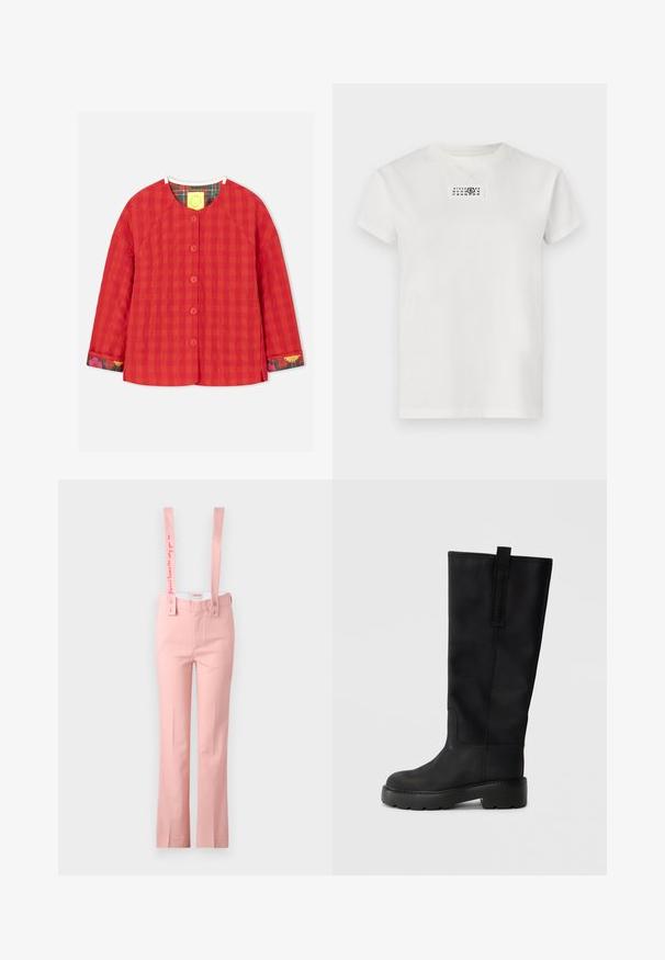 Rote karierte gesteppte Jacke mit langen Ärmeln, rundem Ausschnitt und fünf Knöpfen zum Schließen. Blumenmuster-Besatz an den Ärmelbündchen.; Weißes Baumwoll-T-Shirt mit rundem Halsausschnitt und kurzen Ärmeln. Verfügt über einen rechteckigen schwarzen Grafikdruck nahe dem Halsausschnitt mit Zahlen.; Rosa Hose mit weitem Bein und verstellbaren Hosenträgern; die Hosenträgerbänder sind mit gesticktem Text verziert; aus glattem Stoff gefertigt.; Schwarze knöchelhohe Stiefel aus glattem Leder mit runder Zehenpartie, dicker Sohle mit Profil und einer Schlaufe hinten.