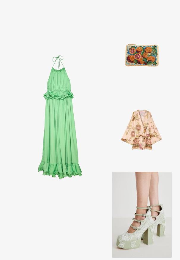 Lichtroze kimono-stijl jasje met brede mouwen, bloemen- en vogelpatronen en een bijpassende stoffen riem gestrikt in de taille.; Groene halter maxi-jurk van gladde stof, met een ruches taille en zoom, en een vloeiende, geplooide silhouet.; Koi Footwear WILD LOTUS - Plateaupumps - green; Rechthoekige beige handtas met kralen met een oranje vrucht, groene bladeren en blauwe accenten geborduurd in kleurrijke kralen.