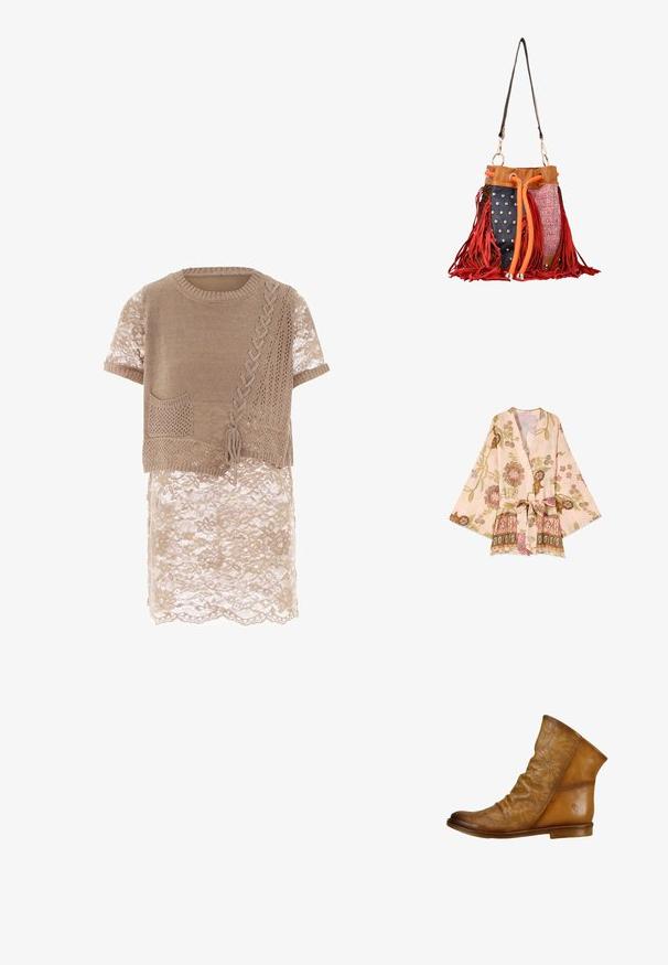 Lyserød kimono-inspireret jakke med brede ærmer, blomster- og fuglemønstre samt et matchende stofbælte bundet i taljen.; Beige strikket top med korte ærmer, der har en dekorativ lomme, teksturerede mønstre og en blondeoverlægning ved kanten.; Kastanjefarvet læder ankelstøvle med perforeret blomsterdesign, slouchy form, flad sål og subtil branding på hælen.; Boho-stil spandtaske med orange snøre, rød frynse, sort panel med nitter, lyserød tweedsektion og brun læderkant med skulderrem.
