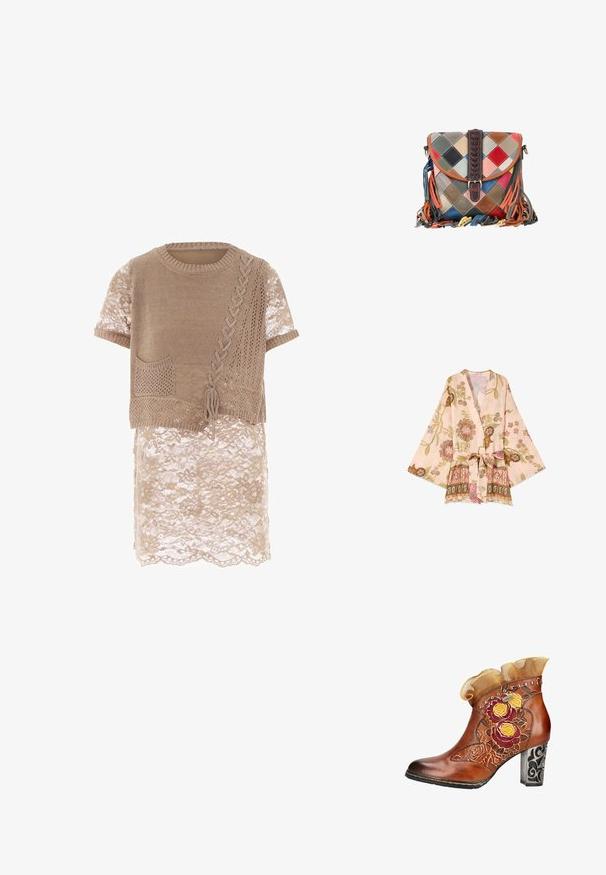 Lyserød kimono-inspireret jakke med brede ærmer, blomster- og fuglemønstre samt et matchende stofbælte bundet i taljen.; Beige strikket top med korte ærmer, der har en dekorativ lomme, teksturerede mønstre og en blondeoverlægning ved kanten.; Brun læderankelstøvle med blomstret broderi, dekorative nitter, flæset stofkant og udsmyttet sort mønstret blokhælk.; Lille crossbody-taske med flerfarvet læderpatchwork, fletrem i mørkebrun og farverige læderfringesider på sider og bund.