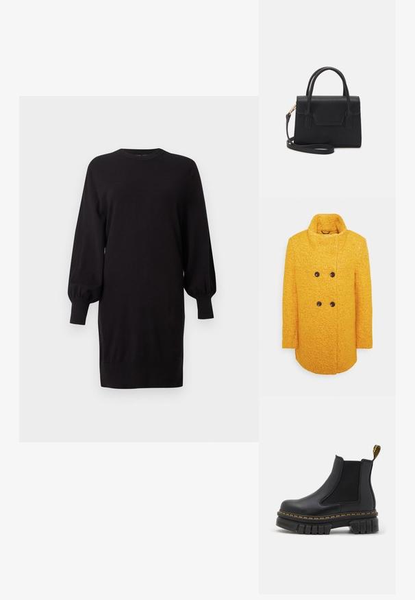 Gul uldfrakke med tekstureret finish, dobbeltknapdesign, høj krave og brune knapper, samt sidelommer.; Sort langærmet sweaterkjole med ballonærmer og ribstrikkede manchetter, rund halsudskæring og lige kant, vist på en ensfarvet baggrund.; Sort chelsea ankelstøvle lavet af læder og elastik. Har en kraftig gummisål, gul syning og en løkke bagpå.; Sort struktureret håndtaske lavet af læder med et topgreb, aftagelig skulderrem og detalje med frontklap. Guldhardware accenter.