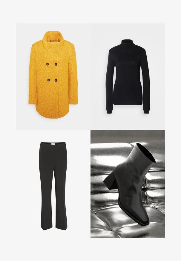 Gul uldfrakke med tekstureret finish, dobbeltknapdesign, høj krave og brune knapper, samt sidelommer.; Sort turtleneck sweater lavet af et blødt strikstof, med lange ærmer og en tætsiddende silhuet, der har ribbet krave og kant.; Sorte bukser med lige ben, en talje med mellemhøjde og uden synlige lommer eller pynt.; Sorte ankelstøvler lavet af glossy materiale med firkantet tå og spidse hæle, sat mod en skinnende sølv tuftet baggrund.