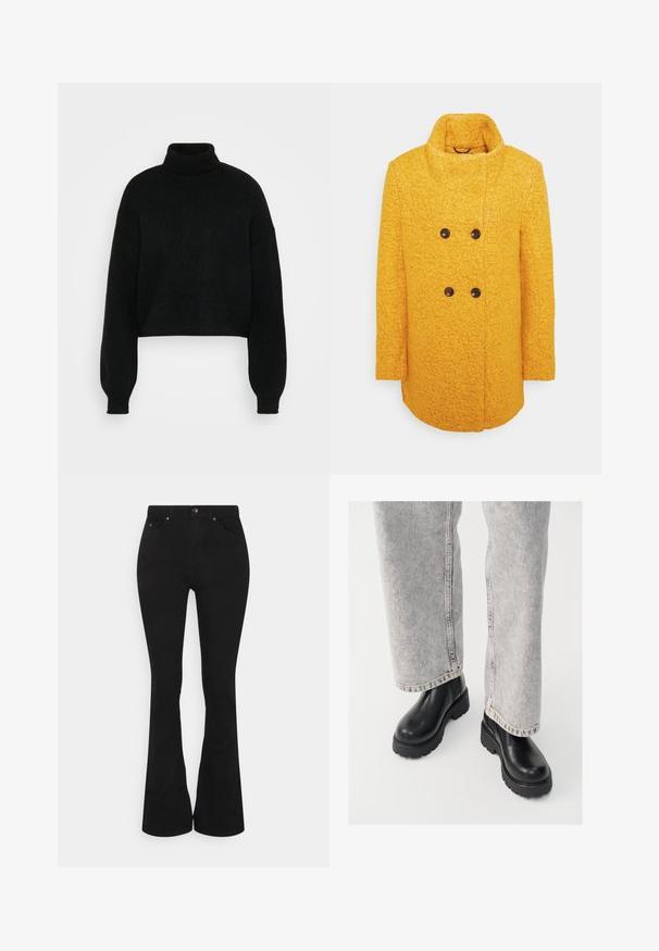 Manteau en laine jaune avec une finition texturée, design croisé, col haut et boutons marron, avec des poches latérales.; Pull en laine noir court avec col roulé haut, texture côtelée et manches larges. Fabriqué en matière tricot douce. Design simple sans motifs.; Jean évasé noir à taille haute, fabriqué en un doux mélange de coton. Comprend des poches avant, une fermeture à bouton en métal et des détails de couture subtils.; Vagabond COSMO - Bottines à plateau - black