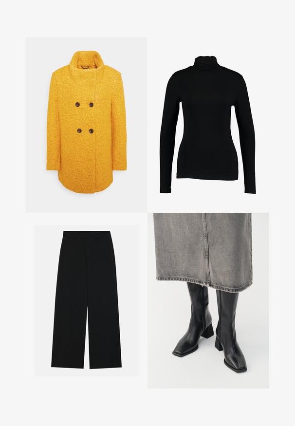 Manteau en laine jaune avec une finition texturée, design croisé, col haut et boutons marron, avec des poches latérales.; T-shirt noir à manches longues et col roulé en tissu lisse, avec une coupe ajustée et un col haut, idéal pour les superpositions ou à porter seul.; Pantalons noirs à jambe large en tissu lisse. Dotés d'une taille plate avec passants de ceinture et sans poches visibles. Design simple.; Bottes noires montantes en cuir lisse avec un bout carré et un talon bloc. Portées avec une jupe en denim grise à l'ourlet effiloché.
