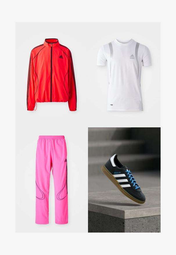 Rode sportjack met hoge kraag, volledige rits, zwarte accenten en zijzakken. Voorzien van elastische boorden en een lichtgewicht ontwerp.; Wit sportshirt met korte mouwen en zilveren accenten, met een ronde hals en een Adidas-logo op de borst. Gemaakt van vochtafvoerend materiaal.; Roze sportbroek met een elastische tailleband, zijzakken en contrasterende zwarte gebogen patronen met een Adidas-logo.; Zwarte Adidas-sneaker met witte strepen, blauwe veters en een gumzool die boven een grijze betonnen trede zweeft in zacht licht.
