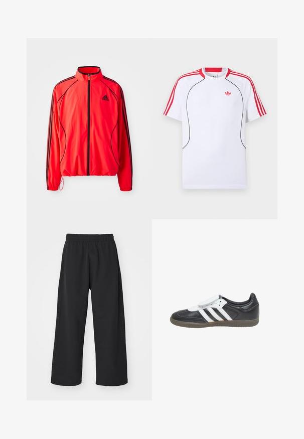 Rød atletisk jakke med høj krave, fuld lynlås, sorte detaljer og sidelommer. Har elastiske manchetter og et let design.; Hvid kortærmet sportstrøje med røde striber på skuldre og ærmer, sort piping foran og rødt Adidas trefoil-logo på brystet.; adidas Originals Træningsbukser - black; adidas Originals SAMBA LT - Sneakers - core black footwear white gum