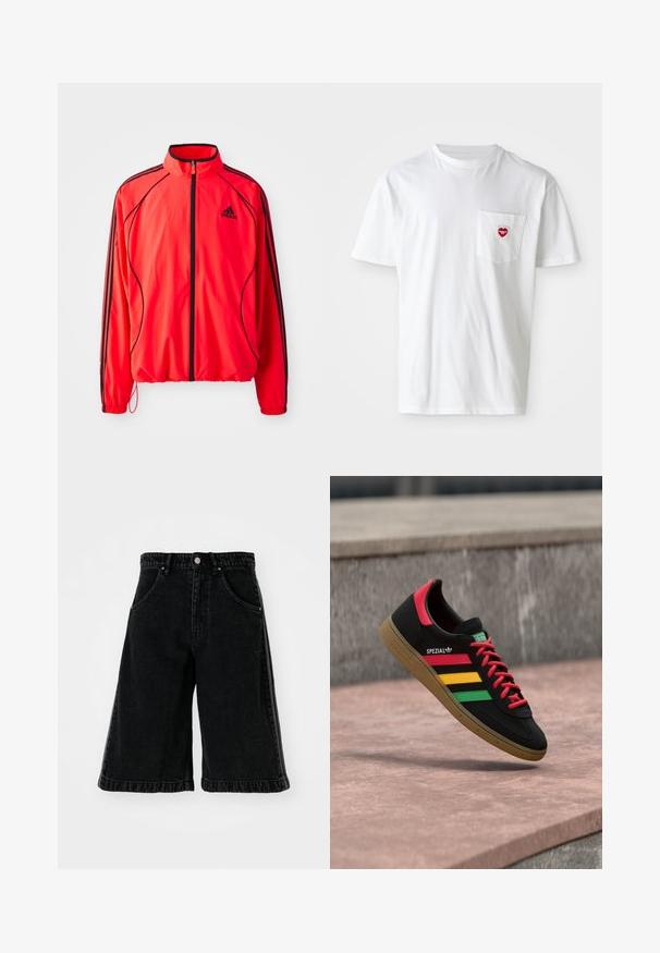Rød atletisk jakke med høj krave, fuld lynlås, sorte detaljer og sidelommer. Har elastiske manchetter og et let design.; Hvid bomulds T-shirt med rund halsudskæring og korte ærmer. Har et lille rødt hjerte-logo på venstre brystlomme.; Sorte denimshorts med bred ben-design, der har høj talje, bæltestropper og forlommer. Minimalistisk syninger og hardware detaljer.; Sort Adidas Spezial-sneaker med røde, gule og grønne striber, røde snørebånd, gummisål og rødt hældetalje, vist svævende over fortovet.