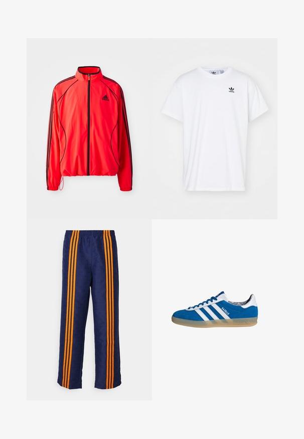 Rød atletisk jakke med høj krave, fuld lynlås, sorte detaljer og sidelommer. Har elastiske manchetter og et let design.; Hvid bomulds T-shirt med korte ærmer, rund halsudskæring og et sort Adidas-logo med tre striber på venstre brystområde.; Marineblå bukser med et overalt mønstret tekstur og tre brede orange striber, der løber ned langs hver side. Elastisk taljebånd øverst.; Blå og hvide Adidas Gazelle sneaker med gummisål og tre hvide striber, set fra siden på en hvid baggrund.