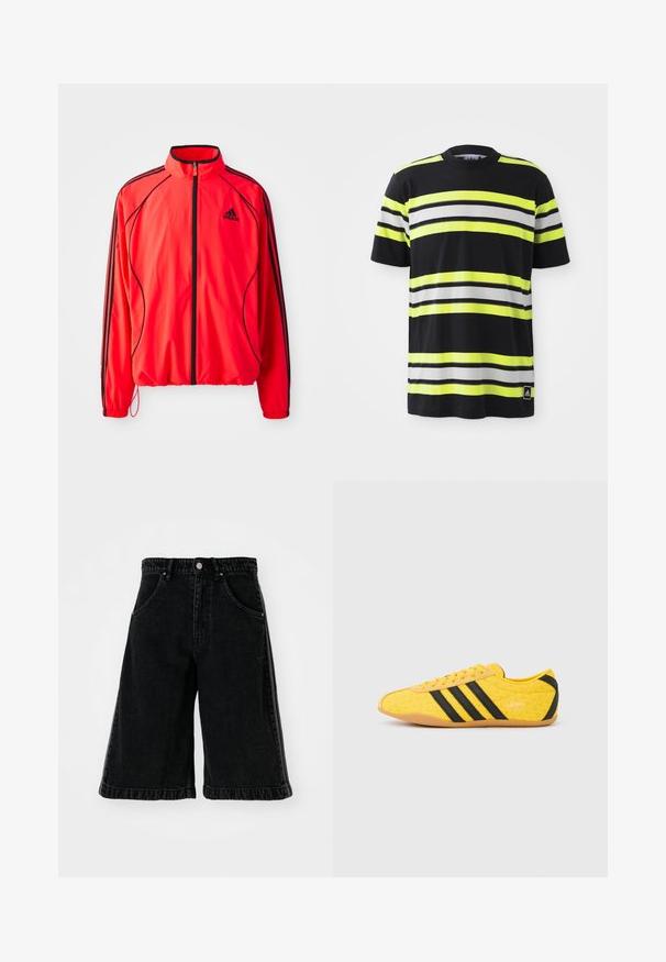 Rød atletisk jakke med høj krave, fuld lynlås, sorte detaljer og sidelommer. Har elastiske manchetter og et let design.; Sort T-shirt med vandrette striber i neongul, hvid og sort. Har en rund halsudskæring og et Adidas-logo nederst til venstre.; Sorte denimshorts med bred ben-design, der har høj talje, bæltestropper og forlommer. Minimalistisk syninger og hardware detaljer.; Gul atletiksko med en tekstureret overdel, der har sorte striber og logo. Rundt tå, blød sål og zigzag-mønster på materialet.