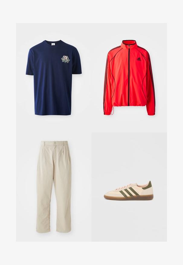 Puna sportlik jakk kõrgema kraega, täispikk lukuga, mustade aktsentidega ja küljetaskutega. Omab elastseid mansette ja kerget disaini.; Tumesinine puuvillane t-särk lühikeste varrukatega, ümar kaelus ja tikandlogo, millel on loorberivõrsed vasakul rinnal.; Beez, kergedestega püksid mugava lõikega, ees volditud pleated, nööbiga sulgemine ja mansetiga ääred. Sile tekstuur, minimaalne disain.; Madalprofiilne beež Adidas Spezial toss rohelist värvi triipude, kummist tallaga ja "SPEZIAL" brändinguga küljel, nähtav välisküljelt.