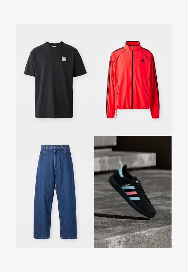 Rød atletisk jakke med høj krave, fuld lynlås, sorte detaljer og sidelommer. Har elastiske manchetter og et let design.; Sort bomuld t-shirt med rund hals, korte ærmer og et lille farvet mærke på venstre bryst med ordet "SUPERIOR."; Denimwide-leg jeans i mørkeblå. Har høj talje, bæltestropper og klassisk fem-lommers design. Syet kant med en ren finish.; Sort Adidas Spezial sneaker med blå og pink striber, svævende over en tekstureret grå betonoverflade med skygge nedenunder.