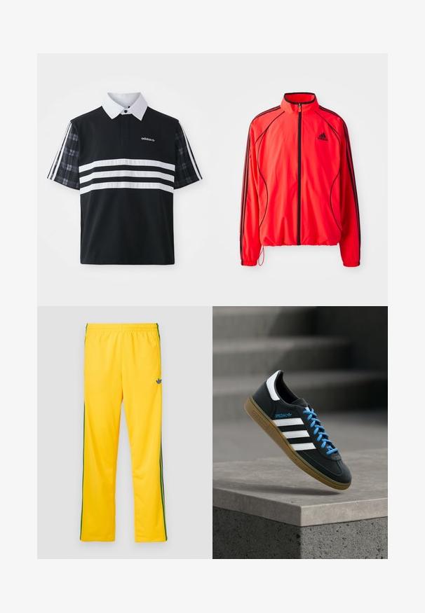 Rød atletisk jakke med høj krave, fuld lynlås, sorte detaljer og sidelommer. Har elastiske manchetter og et let design.; Sort polo skjorte med hvide striber og logo; har korte ternede ærmer og en hvid krave med knaplukning.; Gule sportbukser med elastisk talje, der har grønne striber på siden og en lille blå logo på venstre lår. Glat stoftekstur.; Sort Adidas sneaker med hvide striber, blå snørebånd og gummisål, der svæver over gråt betontrin i blødt lys.