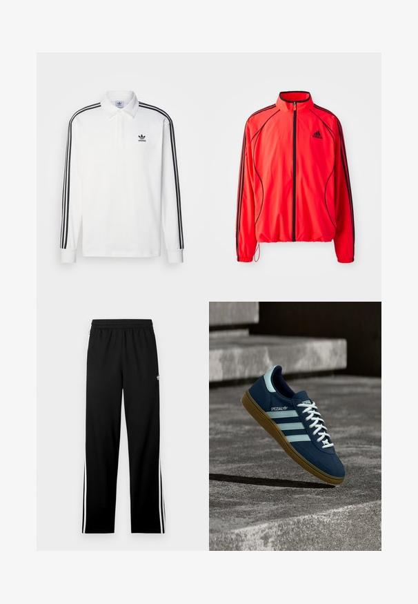 Puna sportlik jakk kõrgema kraega, täispikk lukuga, mustade aktsentidega ja küljetaskutega. Omab elastseid mansette ja kerget disaini.; Valge pika varrukaga polo särk, millel on klassikaline krae, mustad kolm riba aktsendid varrukatel ja väike must logo rinnal.; Mustad spordipüksid võrgukangast, sirge lõikega, elastse vöökohaga ja valgete küljeribadega. Spordilogo on nähtav.; Sinine Adidas Spezial tennisk, valgete triipude ja paeltega, kummist tallaga, hõljub kareda betoonpinna ja sammude kohal taustal.