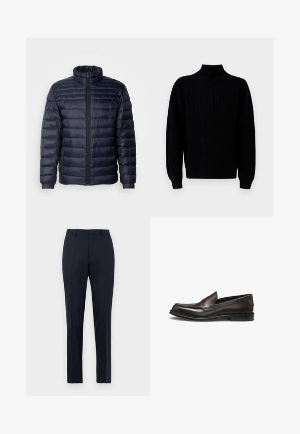 Chaqueta de plumas navy con un cuello alto, diseño acolchado, cierre frontal con cremallera y puños de canalé. Textura suave con un aspecto ligero.; Jersey de punto negro con cuello alto tipo barco y mangas largas, exhibido sobre un fondo blanco.; Pantalones de vestir para hombre en azul marino, ajustados, con un sutil patrón de cuadros, pasadores para cinturón y pliegue frontal, exhibidos de frente sobre fondo blanco.; Mocasín de hombre de cuero pulido marrón oscuro con tacón bajo y una correa decorativa en la parte superior, visto de lado.