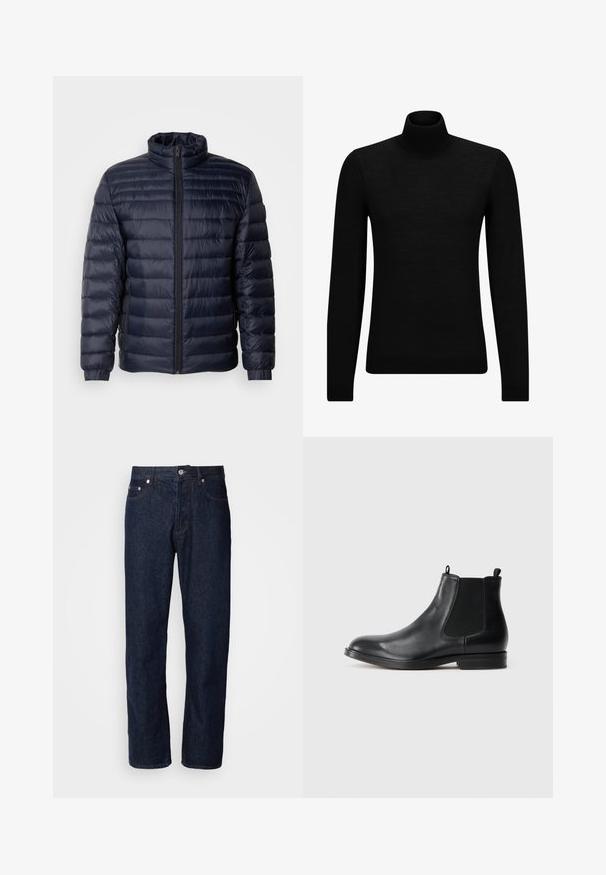 Marineblå pufferjakke med høj krave, quiltet design, lynlås fortil og ribbede cuffs. Glat tekstur med et let udseende.; Sort turtleneck sweater lavet af blødt materiale, med lange ærmer og en tætsiddende pasform. Ribbet trim ved kanten og manchetter. Simpelt design.; Mørkeblå denimjeans med lige ben, der har fem lommer, knaplukning og diskrete syninger.; Sorte læder Chelsea støvler med elastiske sidepaneler, rund tå, trækstrop og en lav blokhæl. Glat tekstur og minimalistisk design.