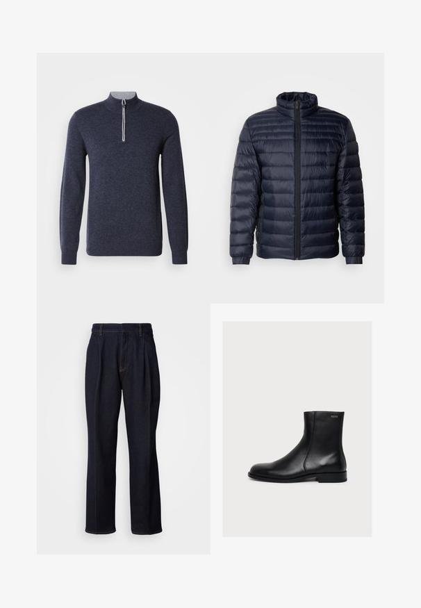 Marineblå pufferjakke med høj krave, quiltet design, lynlås fortil og ribbede cuffs. Glat tekstur med et let udseende.; Mørkeblå halv-zip sweater med en grå krave. Fremstillet af et struktureret stof, med lange ærmer og en tætsiddende pasform.; Mørkeblå vidde denim jeans med frontfældninger og orange syninger, vist på hvid baggrund.; Sort glat læderankelstøvle med lav hæl og sidelukning med lynlås, mærket Hugo nær den øverste kant.