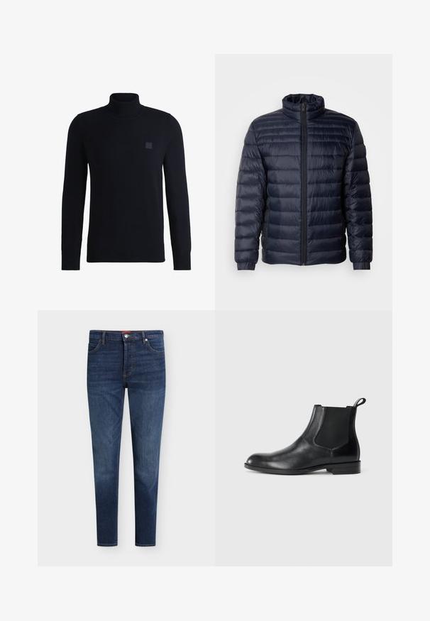 Chaqueta de plumas navy con un cuello alto, diseño acolchado, cierre frontal con cremallera y puños de canalé. Textura suave con un aspecto ligero.; Suéter de cuello alto en azul marino, confeccionado en suave material de punto, con mangas largas y cuello acanalado. Incluye un parche de logo cuadrado en el pecho.; Vaqueros ajustados de color azul oscuro con bolsillos delanteros, trabillas para cinturón, cierre de botón y un sutil desgaste en los muslos y las rodillas.; Botín negro de cuero hasta el tobillo con paneles elásticos a los lados, punta redondeada y lengüeta. Textura suave, suela plana, diseño minimalista.