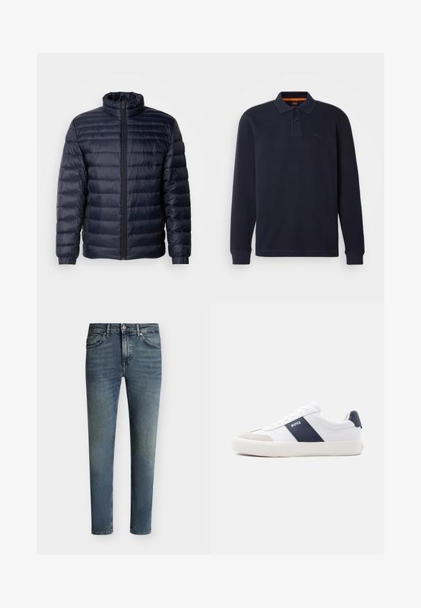 Marineblaue Steppjacke mit hohem Kragen, gestepptem Design, Frontreißverschluss und gerippten Bündchen. Glatte Textur mit leichtem Aussehen.; Marineblaue langärmelige Poloshirt aus strukturiertem Stoff mit einer Knopfleiste am Hals. Verfügt über ein kleines gesticktes Logo auf der Brust.; Blau ausgewaschene Slim-Fit-Jeans mit fünf Taschen und Knopf- und Reißverschluss auf einfarbigem Hintergrund.; Weißer Sneaker mit niedrigem Schaft, marineblauem Seitenstreifen, "BOSS" Logo, beiger Zehenkappe und weißer Sohle, seitlich auf hellem Hintergrund gezeigt.