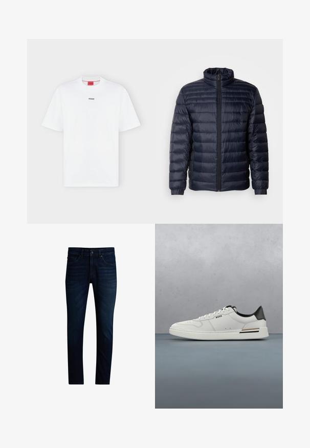 Marineblaue Steppjacke mit hohem Kragen, gestepptem Design, Frontreißverschluss und gerippten Bündchen. Glatte Textur mit leichtem Aussehen.; Weißes T-Shirt mit kurzen Ärmeln und kleinem schwarzem "HUGO" Logo mittig auf der Brust und einem roten Etikett innen im Kragen.; Dunkelblaue Slim-Fit-Jeans mit Vorderknopf- und Reißverschluss, Fünf-Taschen-Design und leichtem Used-Look an den Oberschenkeln.; Weißer Sneaker mit niedrigem Schnitt und schwarzer Ferse, Schnürverschluss, dezenten Perforationen und "BOSS"-Logo an der Seite, gezeigt von der äußeren Seitenansicht.