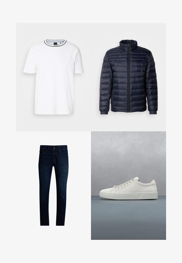 Chaqueta de plumas navy con un cuello alto, diseño acolchado, cierre frontal con cremallera y puños de canalé. Textura suave con un aspecto ligero.; Camiseta de algodón blanca con un cuello redondo que presenta una franja negra en contraste. Mangas cortas y un corte relajado. Etiqueta BOSS en el interior del cuello.; Vaqueros azul oscuro de corte ajustado con cierre frontal de botón y cremallera, estilo de cinco bolsillos y ligero desgaste en los muslos.; Zapatilla blanca de cuero con punta redondeada, diseño minimalista, cordones grises y suela de goma texturizada gris. Detalles de costura sutiles visibles.