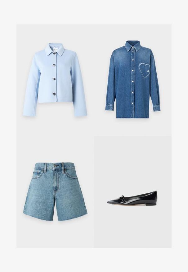 Lyseblå uldjakke med spids krave og fire mørke knapper foran, lange ærmer og en cropped pasform.; Blå denim skjorte med lange ærmer, knapper foran, spidst krave og en frynset hjerteformet lap på venstre bryst.; Denim shorts i lys blå, med høj talje, fem lommer og rå kant. Fremstillet af tekstureret bomuldsstof med et klassisk design.; Sorte patentlæder flade sko med spids tå, lille dekorativ rem og lav blokhæl. Glat tekstur og strømlinet design.