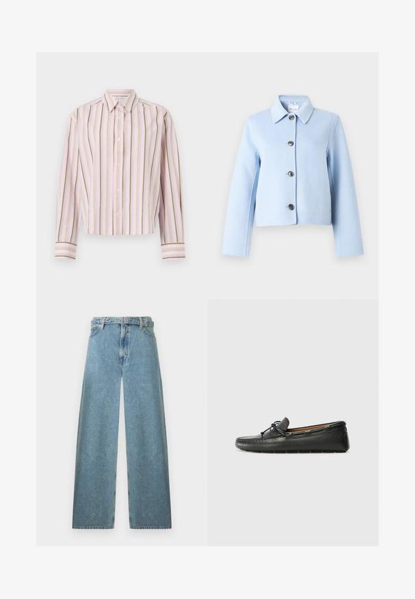 Veste en laine bleu clair avec col pointu et quatre boutons foncés sur le devant, manches longues et coupe courte.; Chemise rayée rose clair avec des lignes verticales vertes et jaunes, fermeture à boutons, et manches longues avec des poignets contrastants.; Jean en denim bleu clair à jambes larges avec une taille haute, passants pour ceinture, fermeture avant par bouton et zip sur fond blanc.; Bateau en cuir noir avec un bout arrondi, des détails de couture, un petit accent en nœud et une semelle en caoutchouc. Texture lisse et design épuré.