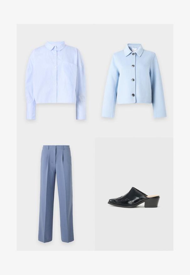 Lichtblauwe wollen jas met een puntige kraag en vier donkere knopen aan de voorkant, lange mouwen en een cropped pasvorm.; Korte button-up shirt in lichtblauw met witte verticale strepen, het heeft een spread collar en een borstzak. Zachte stoffen textuur.; Lichtblauwe geplooide broek met een getailleerde pasvorm, gemaakt van een gladde stof. Heeft een rechte pijp en een mid-rise tailleband.; Zwarte gepatineerde leren muiltjes met een puntige neus, een gebogen ontwerp en een lage blokhak met decoratieve stiksels langs de bovenkant.