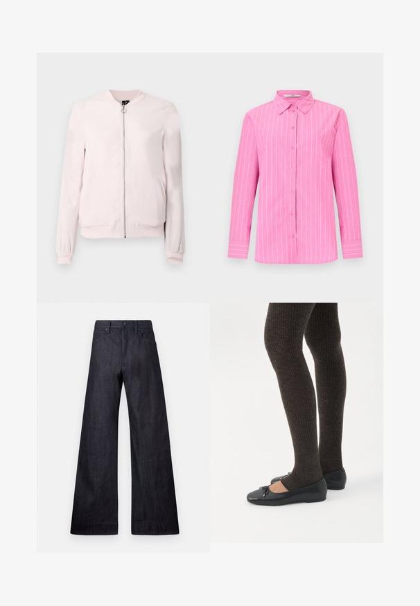 Chaqueta bomber de color rosa claro hecha de tela suave, con una cremallera frontal, puños acanalados y bolsillos laterales. Diseño minimalista sin patrones.; Camisa rosa de manga larga con botones, rayas verticales blancas finas y cuello puntiagudo, sobre un fondo liso.; Pantalones vaqueros de pierna ancha en denim oscuro con una textura suave, diseño tradicional de cinco bolsillos y un sutil brillo, con un cierre de botón.; Piernas con leggings oscuros acanalados combinados con bailarinas negras que presentan pequeños detalles de lazo sobre un fondo blanco.
