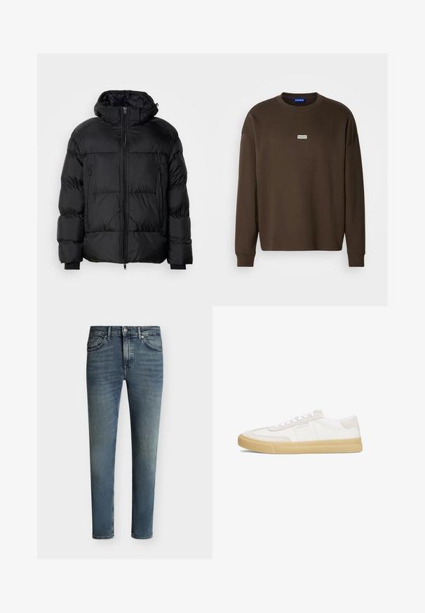 Sort pufferjakke med hætte, med lynlåslukning, to forlommer og ribkantede ærmer, lavet af et glat, vandafvisende materiale.; Brun langærmet sweatshirt lavet af bomuld, med rund hals og en lille hvid "HUGO"-logo på brystet. Tekstureret stof.; Blåslidte skinny jeans med fem lommer og lukning med knap og lynlås på ensfarvet baggrund.; Hvide sneakers lavet af læder og ruskind, med snørestropper, en tan gummisål og et lille logo på siden.