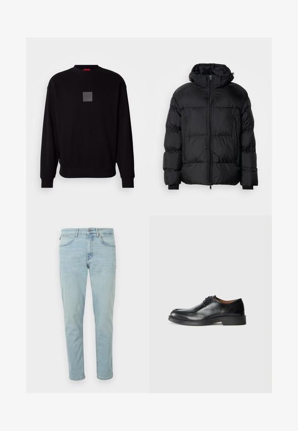 Zwarte gewatteerde jas met capuchon, voorzien van een ritssluiting, twee voorzakken en geribde manchetten, gemaakt van een gladde, waterafstotende stof.; Zwarte sweatshirt met lange mouwen, ronde halslijn, een grijzige vierkante logo op de voorkant, zachte textuur en geribde manchetten en zoom.; Lichtblauwe denim jeans met een slim fit, voorzien van vijf zakken, een knoop- en ritssluiting en minimale vervaging voor een nette uitstraling.; Zwarte leren dresschoenen met een ronde neus, een gladde afwerking, veters en een lage, gestructureerde rubberen zool. Strakke lijnen en een minimalistisch ontwerp.