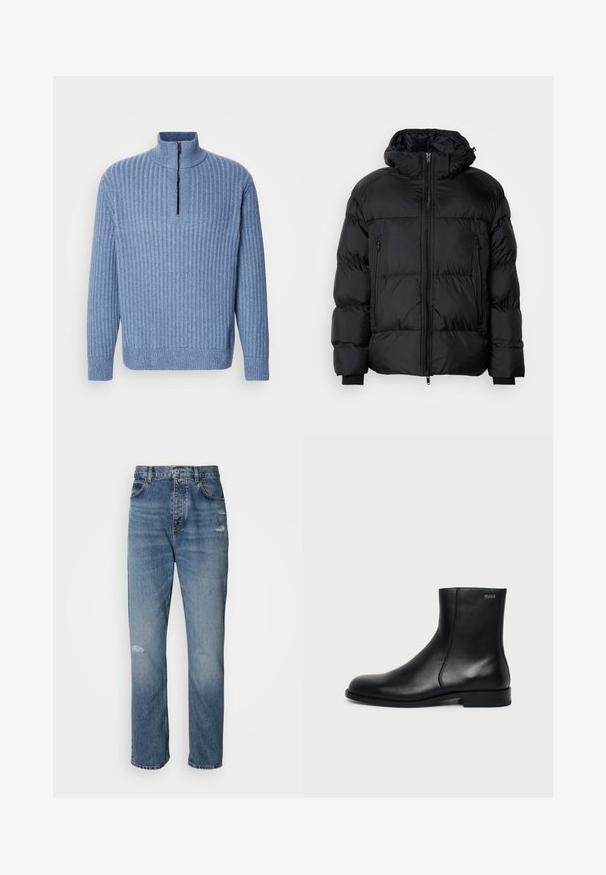 Musthave puffer-jakk musta kapuutsiga, varustatud lukuga, kahe esisegmendiga ja soonikkoes randmetega, valmistatud siledast veekindlast materjalist.; Heleheles sinine, soonikuga kootud sviiter seisma jääva kraega ja osalise lukuga kaela juures; omab pikki varrukaid ja sirget äärekest.; Heledad sinine teksapüksid sirge säärega, milles on nupuga ja tõmblukuga kinnitus, viis taskut ning kulumise detailid põlve lähedal.; Mustast nahast pahkluu saabas madala kandiga, küljeõmbluse ja väikese "HUGO" logoga ülemisel mansetil ühevärvilise tausta ees.