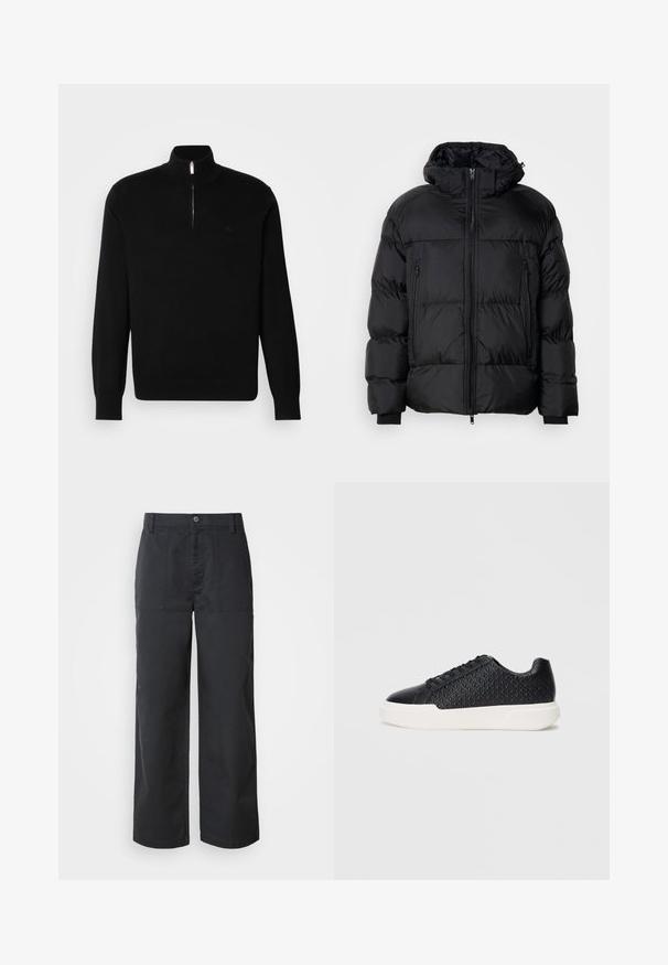 Sort pufferjakke med hætte, med lynlåslukning, to forlommer og ribkantede ærmer, lavet af et glat, vandafvisende materiale.; Sort zip-neck sweater lavet af et fint strikstof. Har lange ærmer, en høj krave og et lille logo på brystet.; Bukser med vide ben i mørkeblåt bomuldsstof, der har forlommer foran og lukning med knap. Glat tekstur med et minimalistisk design.; Sort sneakers med geometrisk tekstur på siden, glat tåhætte og en hvid gummisål. Har runde snørebånd og et lavtop-design.