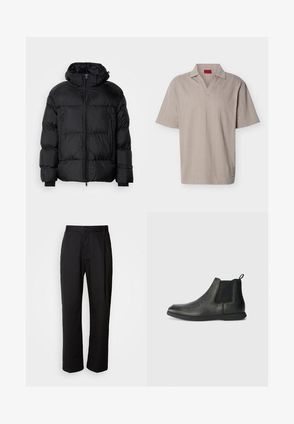 Schwarze Pufferjacke mit Kapuze, ausgestattet mit einem Reißverschluss, zwei Fronttaschen und gerippten Bündchen, aus einem glatten, wasserabweisenden Material.; Beiges Strick-Poloshirt mit kurzen Ärmeln, strukturiertem vertikalem Streifenmuster und offenem V-Ausschnitt.; Schwarze Hosen mit geradem Schnitt, aus leichtem Stoff gefertigt. Verfügt über einen vorderen Knopfverschluss und zwei seitliche Taschen; glatte Textur.; Schwarze Leder-Ankle-Boots mit glatter Textur, elastischen Seitenpanelen und einer Zuglasche auf der Rückseite. Rundspitze und Gummisohle.