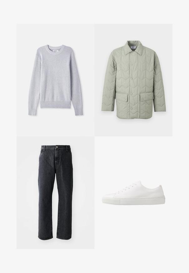 Lysegrøn quiltet jakke med trykknaplukning foran, to klaplommer med trykknapper og en spids krave.; Lysegrå strikket sweater med rund halsudskæring, lange ærmer, ribbet manchetter og kant, prydet med et struktureret vævemønster hele vejen igennem.; Sorte denim jeans med lige snit, med knaplukning, fem lommer og subtil tekstur. Klassisk design uden fremtrædende mønstre.; Hvide lædersneakers med en glat finish, rund tå og seks øjer til snørebånd. Har en tekstureret gummisål og et minimalisk design.