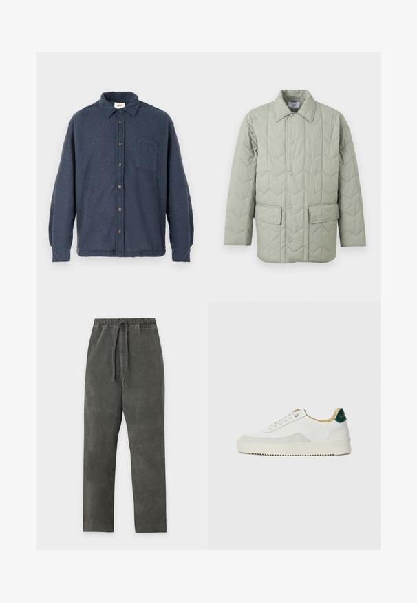 Veste matelassée vert clair avec fermeture à pression, deux poches à rabat avec boutons-pression, et un col pointu.; Chemise en molleton bleu marine avec une surface texturée, boutonnée à l'avant, avec col et poche poitrine. Comprend des boutons marron et des manches longues.; Pantalon en velours côtelé gris foncé avec taille élastique et cordon de serrage, coupe droite, sans poches visibles, présenté sur fond blanc.; Baskets blanches avec des accents en daim, bout arrondi, lacets plats et semelle en caoutchouc crème. Présente une marque verte sur le talon.