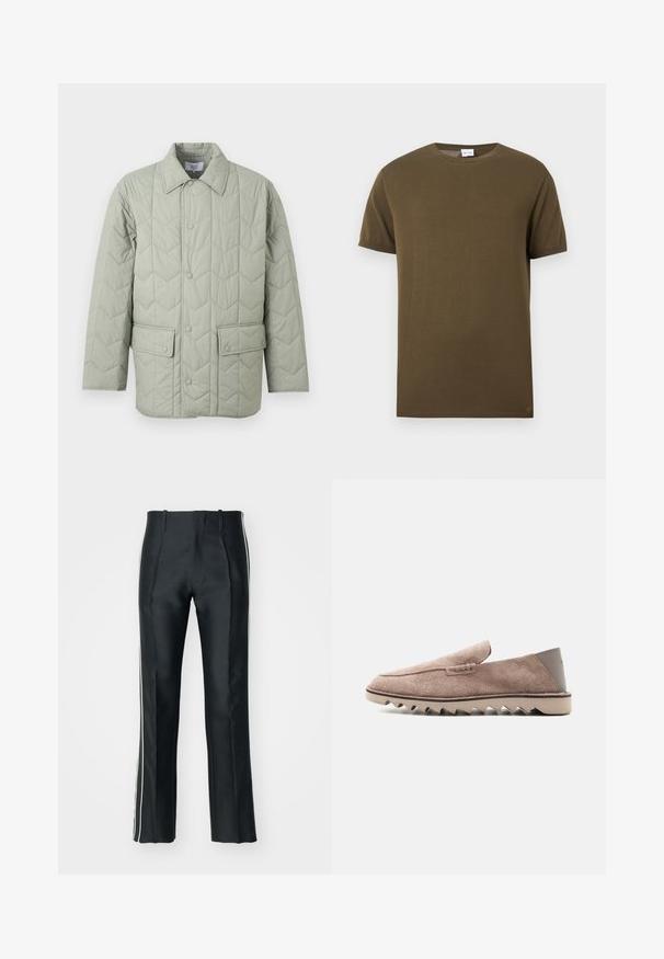 Hellgrüne gesteppte Jacke mit Druckknopfverschluss vorne, zwei Pattentaschen mit Druckknöpfen und spitzem Kragen.; Olivgrünes T-Shirt mit kurzen Ärmeln und Rundhalsausschnitt, mit einer schlichten, glatten Textur auf weißem Hintergrund dargestellt.; Schwarze Satin-Hosen mit tailliertem Schnitt, ausgestattet mit weißen Seitenstreifen. Design mit weitem Bein und Vorderfalten für zusätzlichen Detail.; Hellbrauner Wildleder-Slipper mit gezackter Gummisohle und glatter Fersenpartie, Seitenansicht auf weißem Hintergrund.