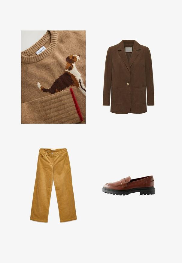 Blazer en velours côtelé marron avec un col cranté, un seul bouton, deux poches avant et une doublure intérieure lisse. Tissu texturé avec des côtes verticales.; Pull en laine d'agneau marron clair avec un motif de chien en marron foncé, blanc et orange. Col et poignets côtelés avec un détail accentué en rouge.; Pantalon large en velours côtelé jaune moutarde avec poches avant, passants de ceinture et fermeture par bouton métal, posé à plat sur un fond blanc.; Mocassins en cuir marron avec un bout surélevé, une sangle décorative et une semelle en caoutchouc noir texturé avec un profil prononcé.