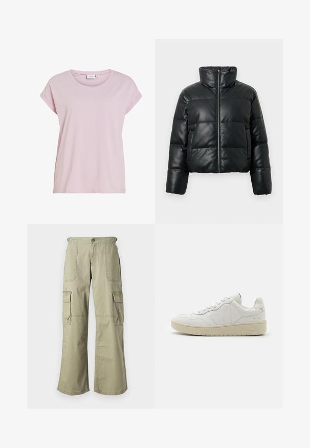 Sort cropped dynejakke lavet af læderlignende materiale. Har høj krave, lynlås foran og vandrette quiltede sektioner.; Lyserød t-shirt lavet af blødt stof, med rund halsudskæring og opløftede korte ærmer. Lige snit med en lidt løs pasform.; Khaki cargo bukser med afslappet pasform, der har to sidelommer, en frontknaplukning og brede ben. Lavet af bomuldsstof med en glat tekstur.; Hvide lædersneakers med perforeret tåboks, kontrasterende beige gummisål og logoer på siden og hælen. Minimalistisk design.