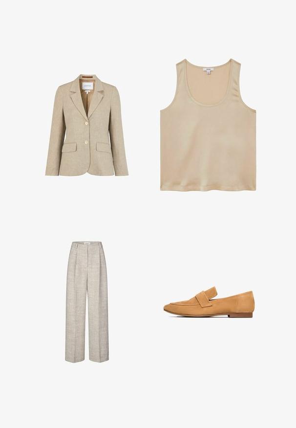 Beige damesblazer med slået krave, to knapper, klaplommer og blød stoftekstur, mærket Newhouse, størrelse 38.; Reiss REGULAR FIT - Bluse - neutral; Lys grå højtaljede bukser med et tekstureret stof, brede ben og to frontfoldninger. Har en lukning med frontknap og bæltesløjfer.; Lette mokkasiner i tan farve med flad hæl, rund tå og en syet strop over vristen for et raffineret udtryk.