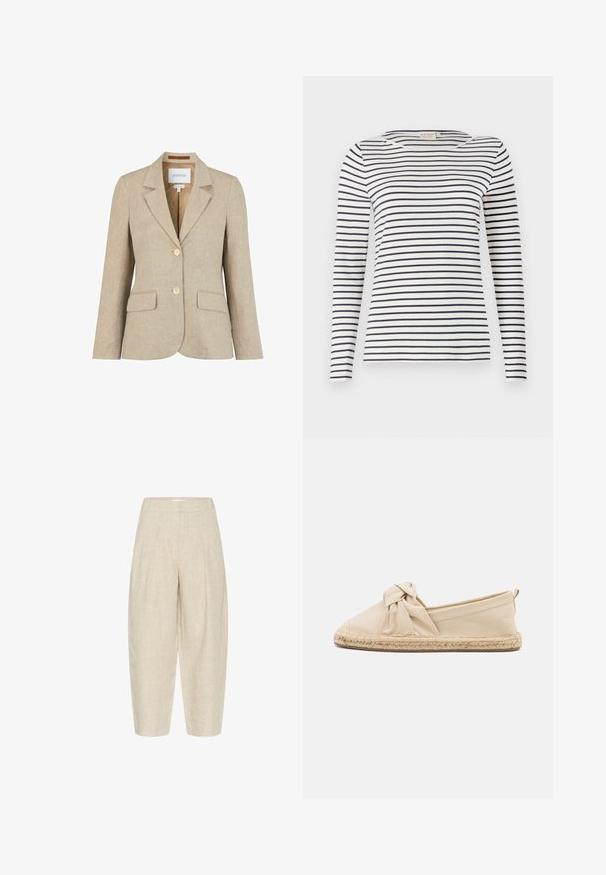 Beige damesblazer med slået krave, to knapper, klaplommer og blød stoftekstur, mærket Newhouse, størrelse 38.; Langærmet stribet skjorte lavet af blødt stof, med marineblå og hvide vandrette striber, rund halsudskæring og en slim-fit design.; Beige linnedbukser med løs pasform, der har folder ved taljen, cropped længde, og et tekstureret, vævet stof.; Beige lærred espadrille med en knyttet detalje på tåen. Har en flettet jute sål og en glat stofstruktur. Elastisk side for god pasform.