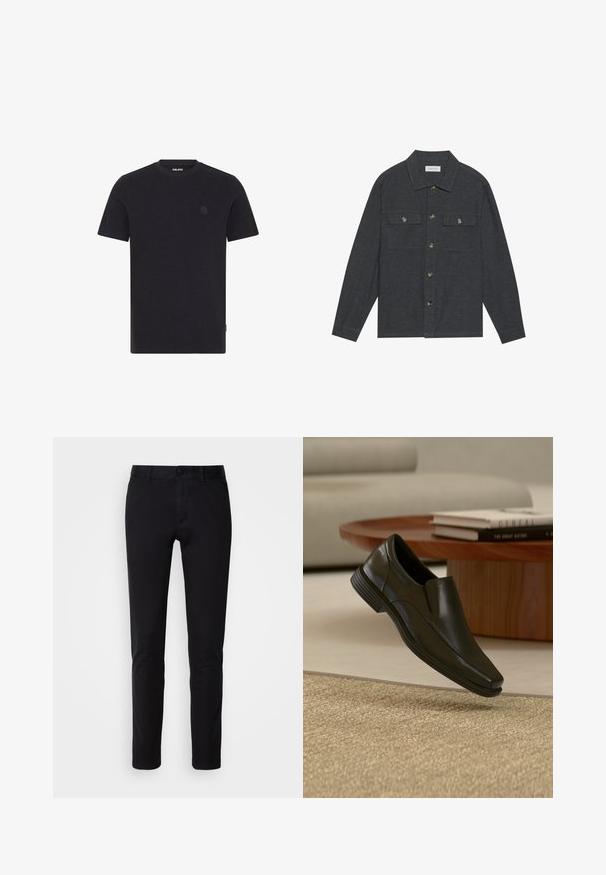 Chemise boutonnée gris foncé avec col, deux poches poitrine et manches longues. Fabriquée à partir d'un tissu texturé avec des boutons en métal.; T-shirt à manches courtes marin en tissu texturé. Il possède un col rond et un logo discret sur la poitrine. Fini avec un bas droit.; Pantalons noirs en coton lisse, avec une coupe droite, des poches avant, une fermeture à bouton et une finition soignée.; Chaussure habillée noire en cuir sans lacets flottant au-dessus d'un tapis beige tissé, avec une table basse ronde en bois et des livres empilés en arrière-plan.