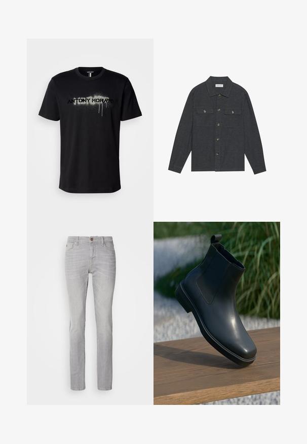 Dunkelgraues Hemd mit Knopfleiste und Kragen, zwei Brusttaschen und langen Ärmeln. Hergestellt aus einem strukturierten Stoff mit Metallknöpfen.; Schwarzes Baumwoll-T-Shirt mit einem gesprühten Schriftzug "ANTONY MORATO" in Grau mit tropfenden Details, kurzen Ärmeln und rundem Halsausschnitt.; Hellgraue Jeans aus Denim mit gerade geschnittenem Schnitt, ausgestattet mit fünf Taschen, einem Knopfverschluss und dezenten Waschungseffekten.; Schwarze Leder-Ankleboots mit glatter Oberfläche, elastischen Seiten und einer Schlaufe als Zuglasche, die auf einer Holzoberfläche vor einem verschwommenen Hintergrund stehen.