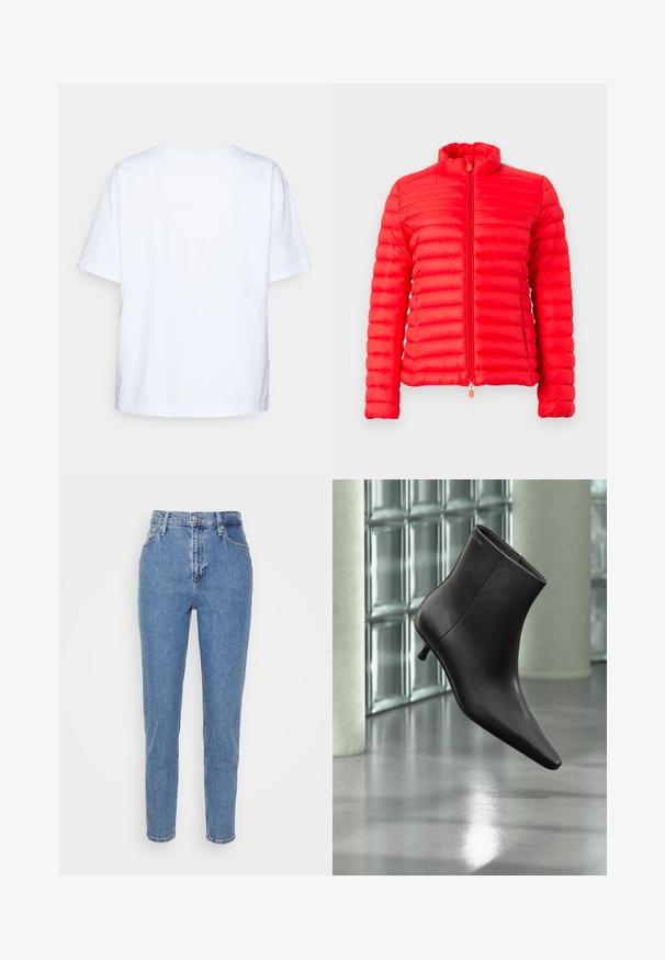 Rød quiltet letvægtsjakke med vandret syninger, lange ærmer, høj krave og en frontlynlås.; Enkelt hvid kortærmet bomulds t-shirt vist bagfra mod en lys grå baggrund.; Blå højtaljede lige jeans med frontknap og lynlås, bæltestropper og lommer, præsenteret på en ensfarvet hvid baggrund.; Sort læderankelstøvle med spids tå og lille hæl vist mod en væg af glasblokke og poleret gulv baggrund.