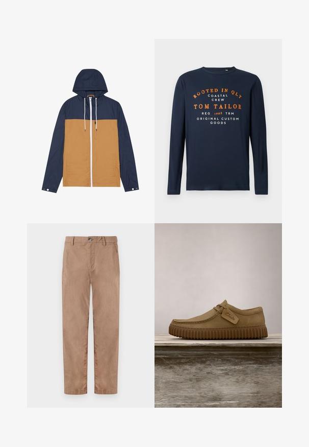 Kleur geblokte jas met een marineblauwe capuchon en mouwen, een tan kleurig lichaam, een witte rits en voorzakken met een gladde textuur.; Navyblauwe longsleeve t-shirt met ronde hals en oranje en witte tekst: "ROOTED IN QLY COASTAL CREW TOM TAILOR 1962 ORIGINAL CUSTOM GOODS."; TOM TAILOR REGULAR WASHED - Chino - caribou beige; Lichtbruine suède schoenen met een ronde neus, gestikte details en een geribbeld bruine rubberen zool. Bevat een zijlabel met het "Clarks" logo.
